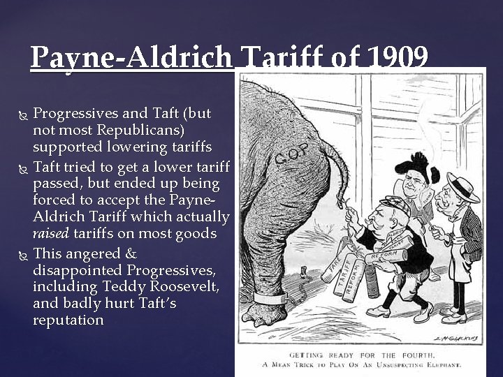 Payne-Aldrich Tariff of 1909 Progressives and Taft (but not most Republicans) supported lowering tariffs