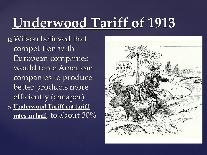 Underwood Tariff of 1913 Wilson believed that competition with European companies would force American