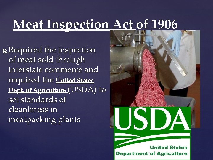 Meat Inspection Act of 1906 Required the inspection of meat sold through interstate commerce