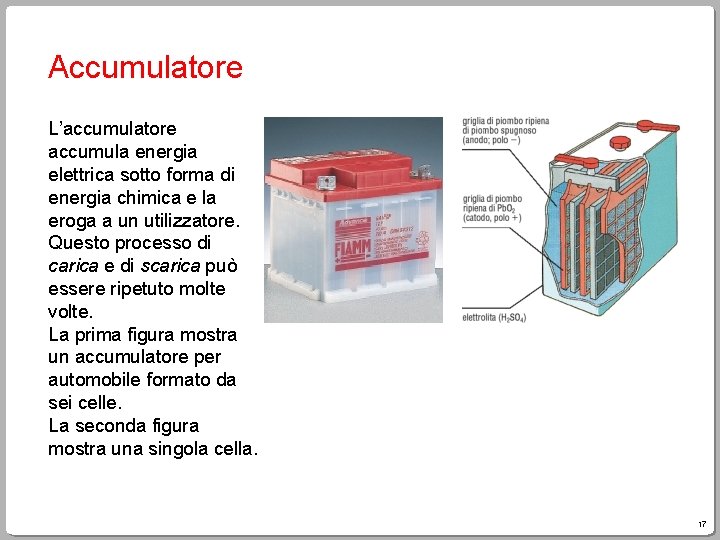Accumulatore L’accumulatore accumula energia elettrica sotto forma di energia chimica e la eroga a