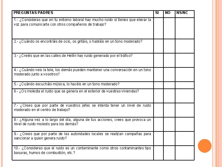 PREGUNTAS PADRES 1. - ¿Consideras que en tu entorno laboral hay mucho ruido si