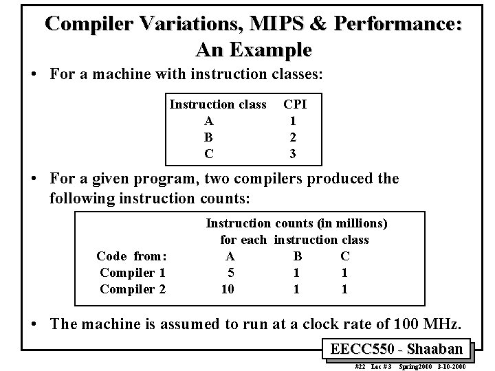 Compiler Variations, MIPS & Performance: An Example • For a machine with instruction classes: