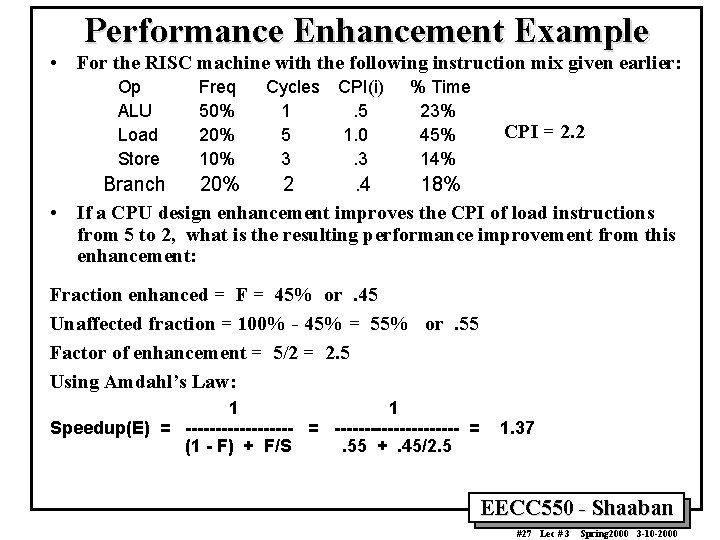 Performance Enhancement Example • For the RISC machine with the following instruction mix given