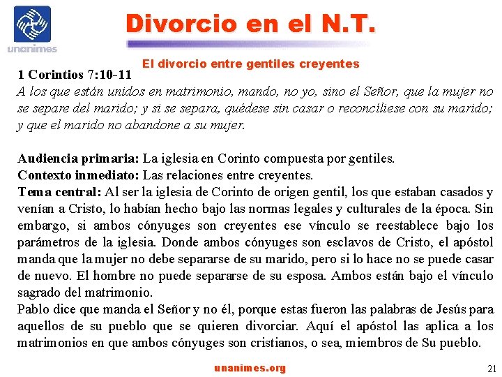 Divorcio en el N. T. El divorcio entre gentiles creyentes 1 Corintios 7: 10