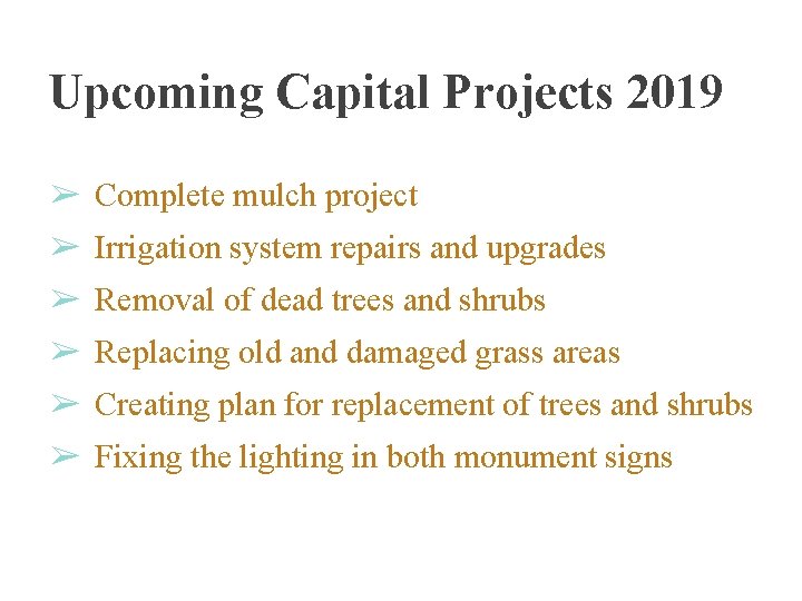 Upcoming Capital Projects 2019 ➢ Complete mulch project ➢ Irrigation system repairs and upgrades