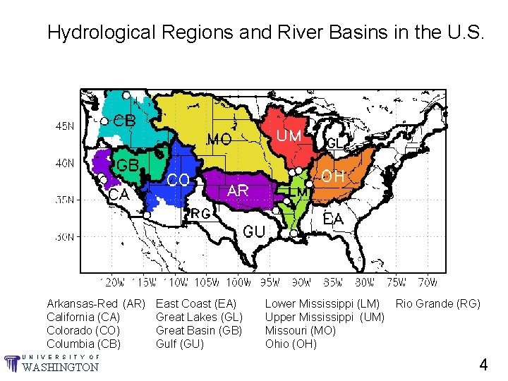 Hydrological Regions and River Basins in the U. S. Arkansas-Red (AR) California (CA) Colorado