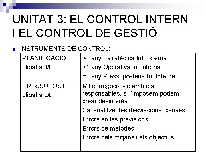 UNITAT 3: EL CONTROL INTERN I EL CONTROL DE GESTIÓ n INSTRUMENTS DE CONTROL: