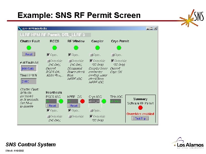 Example: SNS RF Permit Screen SNS Control System Slide 8, 4/19/2002 