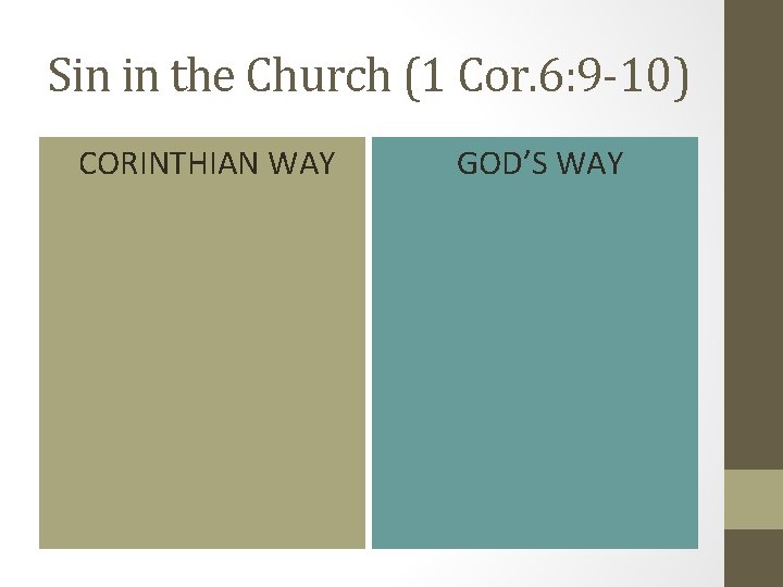 Sin in the Church (1 Cor. 6: 9 -10) CORINTHIAN WAY GOD’S WAY 