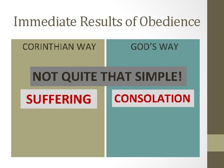 Immediate Results of Obedience CORINTHIAN WAY GOD’S WAY NOT QUITE THAT SIMPLE! SUFFERING CONSOLATION