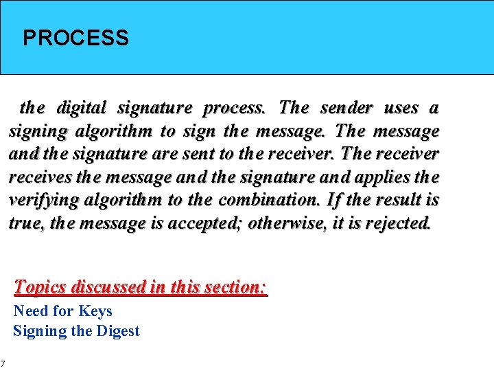 PROCESS the digital signature process. The sender uses a signing algorithm to sign the