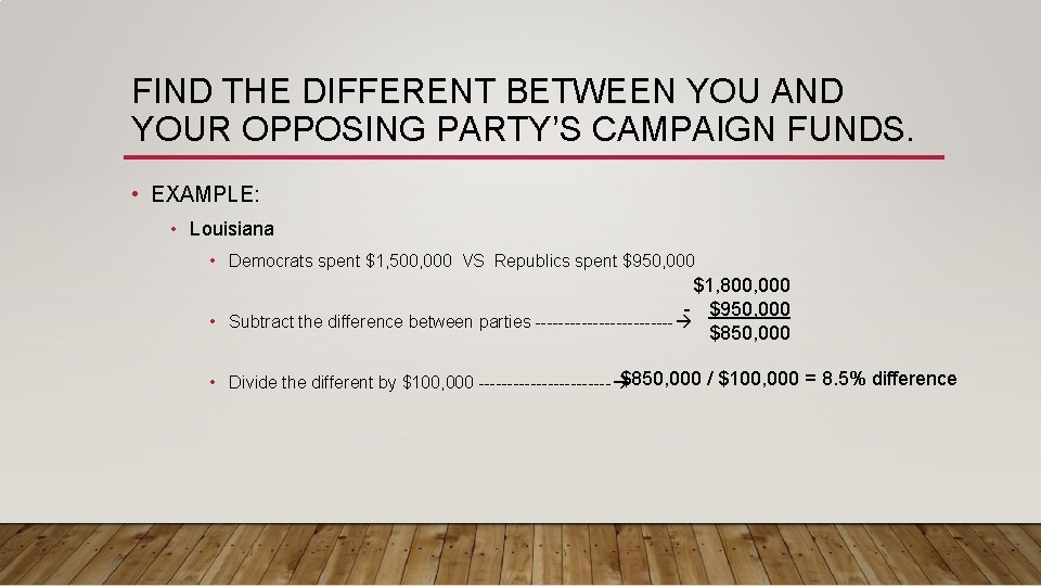 FIND THE DIFFERENT BETWEEN YOU AND YOUR OPPOSING PARTY’S CAMPAIGN FUNDS. • EXAMPLE: •
