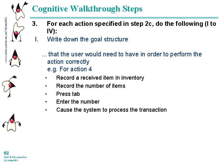 www. site. uottawa. ca/~elsaddik Cognitive Walkthrough Steps 3. I. For each action specified in