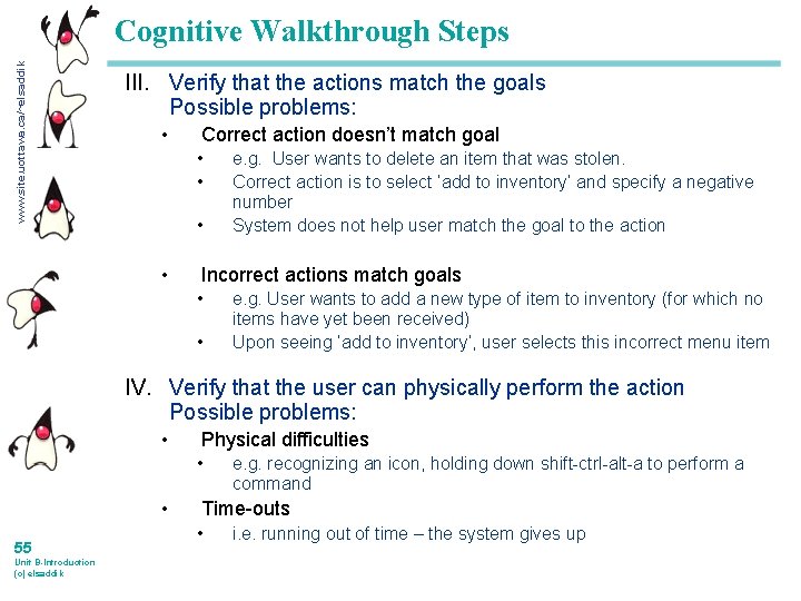 www. site. uottawa. ca/~elsaddik Cognitive Walkthrough Steps III. Verify that the actions match the