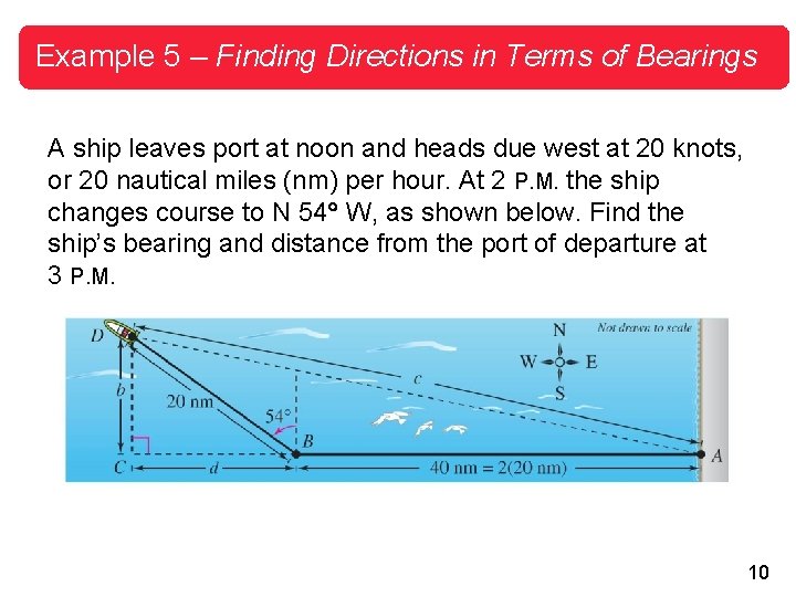 Example 5 – Finding Directions in Terms of Bearings A ship leaves port at