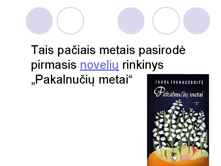 Tais pačiais metais pasirodė pirmasis novelių rinkinys „Pakalnučių metai“ 