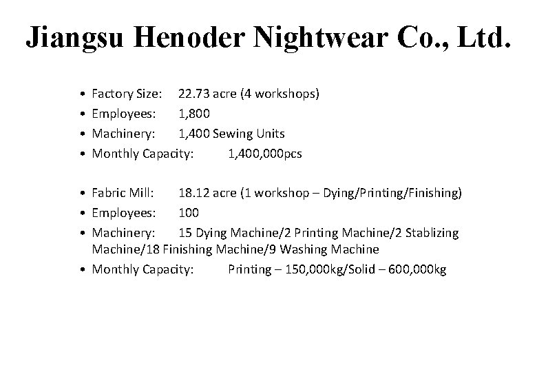 Jiangsu Henoder Nightwear Co. , Ltd. • • Factory Size: 22. 73 acre (4