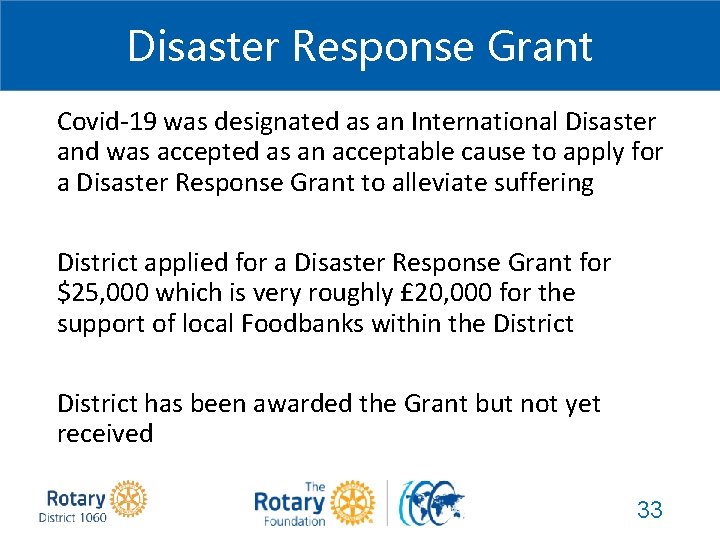 Disaster Response Grant Covid-19 was designated as an International Disaster and was accepted as