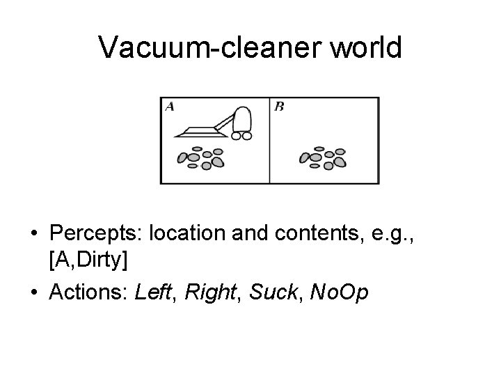 Vacuum-cleaner world • Percepts: location and contents, e. g. , [A, Dirty] • Actions: