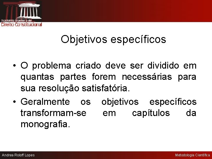 Objetivos específicos • O problema criado deve ser dividido em quantas partes forem necessárias