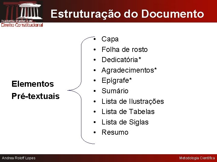 Estruturação do Documento Elementos Pré-textuais Andrea Roloff Lopes • • • Capa Folha de