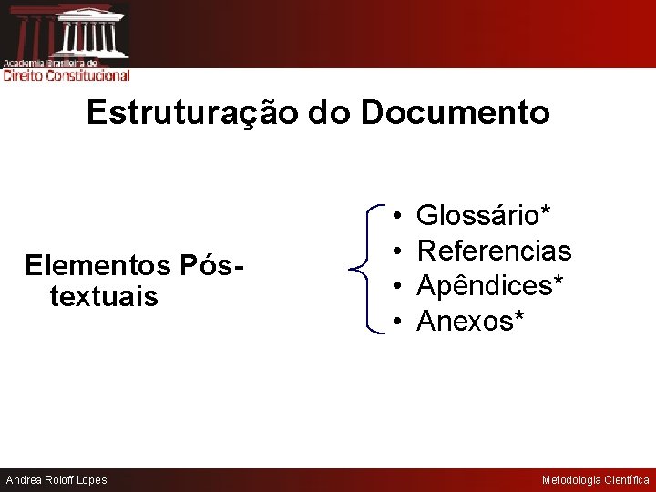 Estruturação do Documento Elementos Póstextuais Andrea Roloff Lopes • • Glossário* Referencias Apêndices* Anexos*