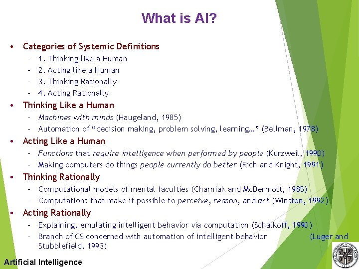 What is AI? • Categories of Systemic Definitions – – 1. 2. 3. 4.