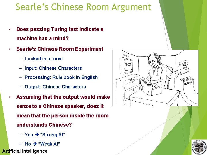 Searle’s Chinese Room Argument • Does passing Turing test indicate a machine has a