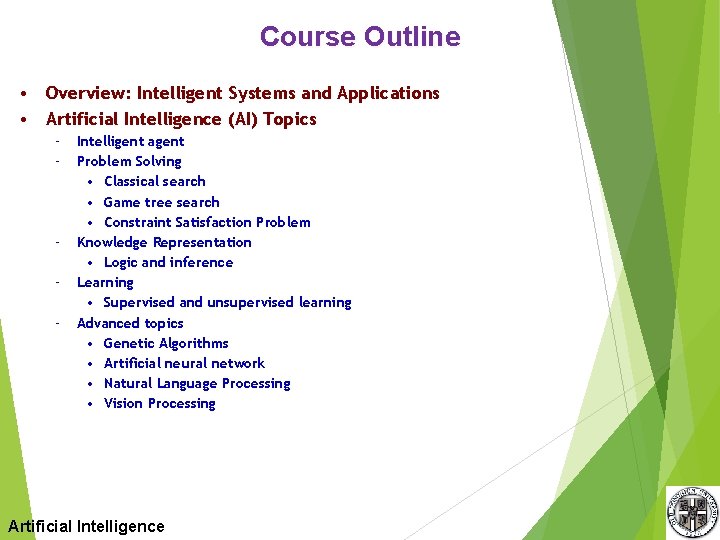 Course Outline • Overview: Intelligent Systems and Applications • Artificial Intelligence (AI) Topics –