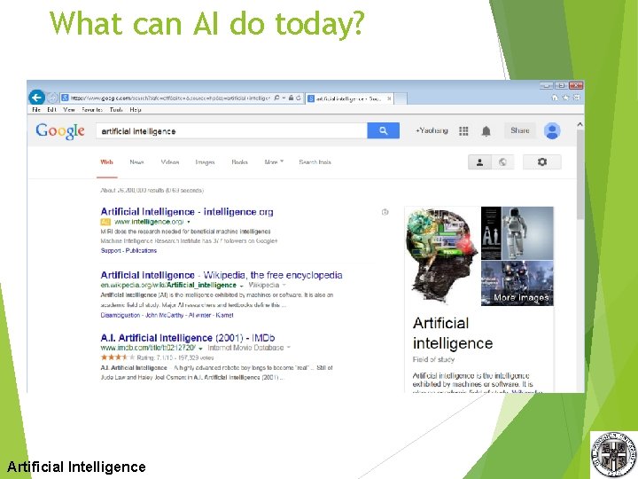 What can AI do today? AI and Web Search Artificial Intelligence 