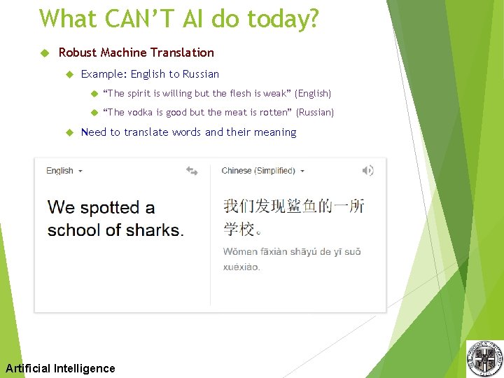 What CAN’T AI do today? Robust Machine Translation Example: English to Russian “The spirit