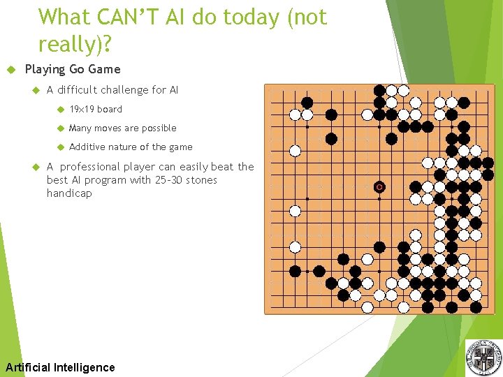 What CAN’T AI do today (not really)? Playing Go Game A difficult challenge for