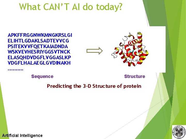 What CAN’T AI do today? APKFFRGGNWKMNGKRSLGI ELIHTLGDAKLSADTEVVCG PSITEKVVFQETKAIADNDA WSKVEVHESRIYGGSVTNCK ELASQHDVDGFLVGGASLKP VDGFLHALAEGLGVDINAKH. . . Sequence