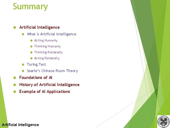 Summary Artificial Intelligence What is Artificial Intelligence Acting Humanly Thinking Rationally Acting Rationally Turing