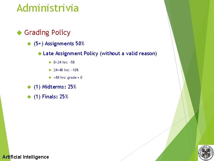 Administrivia Grading Policy (5+) Assignments 50% Late Assignment Policy (without a valid reason) 0~24