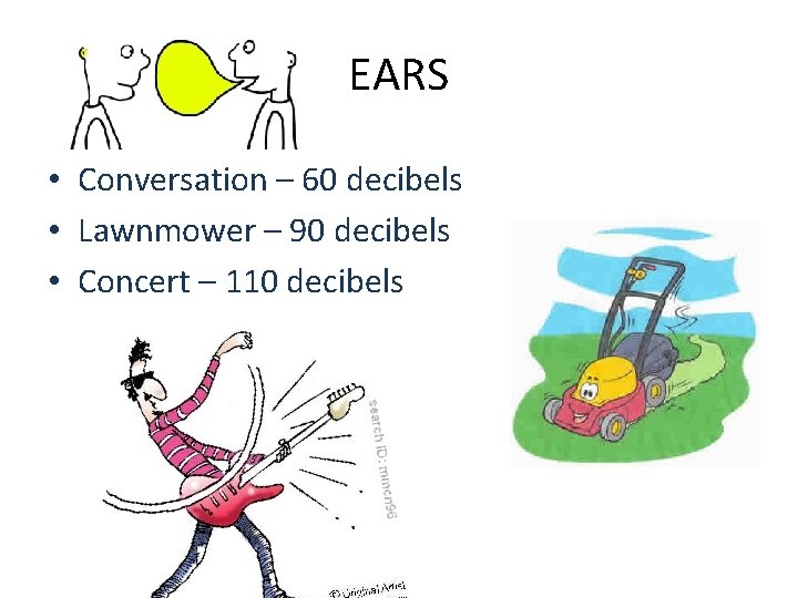 EARS • Conversation – 60 decibels • Lawnmower – 90 decibels • Concert – EARS • Conversation – 60 decibels • Lawnmower – 90 decibels • Concert –