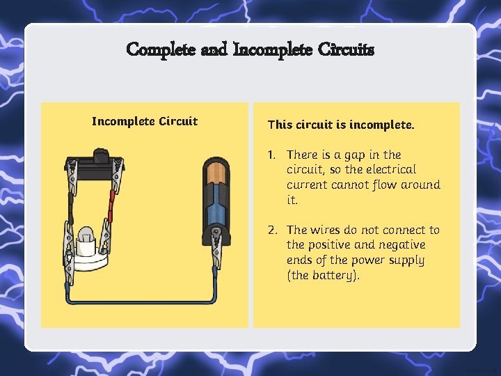 Complete and Incomplete Circuits Incomplete Circuit This circuit is incomplete. 1. There is a
