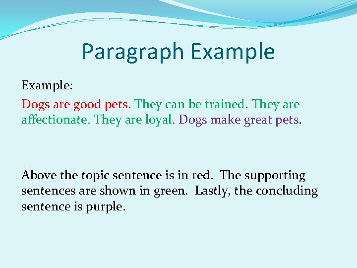 Paragraph Example: Dogs are good pets. They can be trained. They are affectionate. They