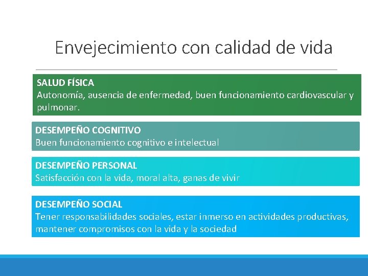 Envejecimiento con calidad de vida SALUD FÍSICA Autonomía, ausencia de enfermedad, buen funcionamiento cardiovascular