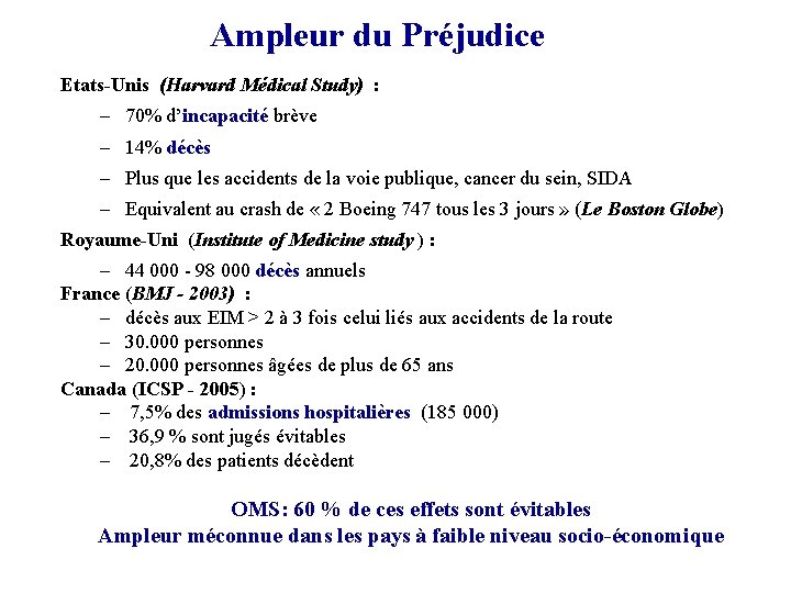 Ampleur du Préjudice Etats-Unis (Harvard Médical Study) : ─ 70% d’incapacité brève ─ 14%