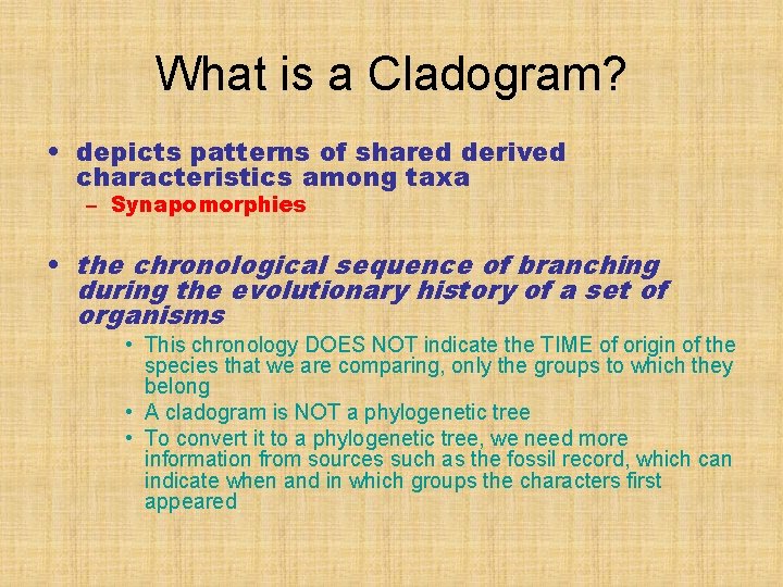 What is a Cladogram? • depicts patterns of shared derived characteristics among taxa –