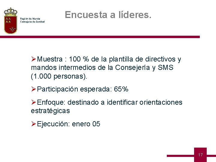 Región de Murcia Consejería de Sanidad Encuesta a líderes. ØMuestra : 100 % de