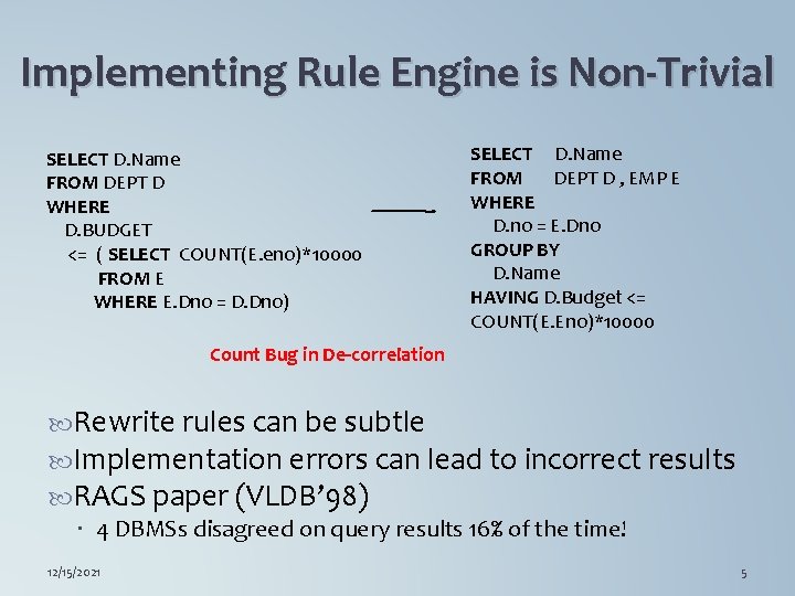 Implementing Rule Engine is Non-Trivial SELECT D. Name FROM DEPT D WHERE D. BUDGET