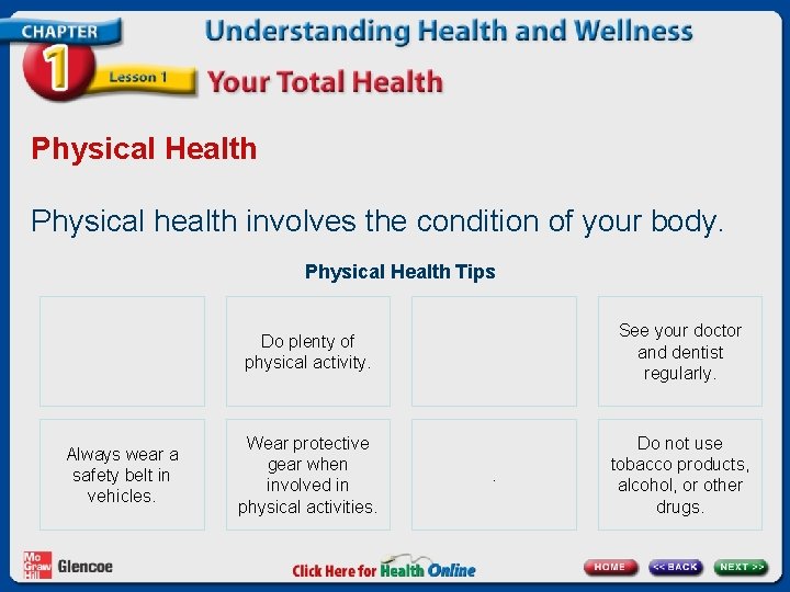 Physical Health Physical health involves the condition of your body. Physical Health Tips Always