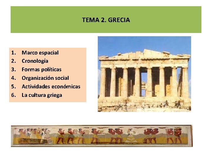 TEMA 2. GRECIA 1. 2. 3. 4. 5. 6. Marco espacial Cronología Formas políticas