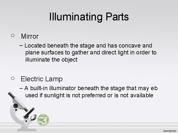 Illuminating Parts o Mirror – Located beneath the stage and has concave and plane