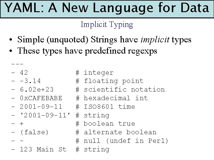 YAML: A New Language for Data Implicit Typing • Simple (unquoted) Strings have implicit