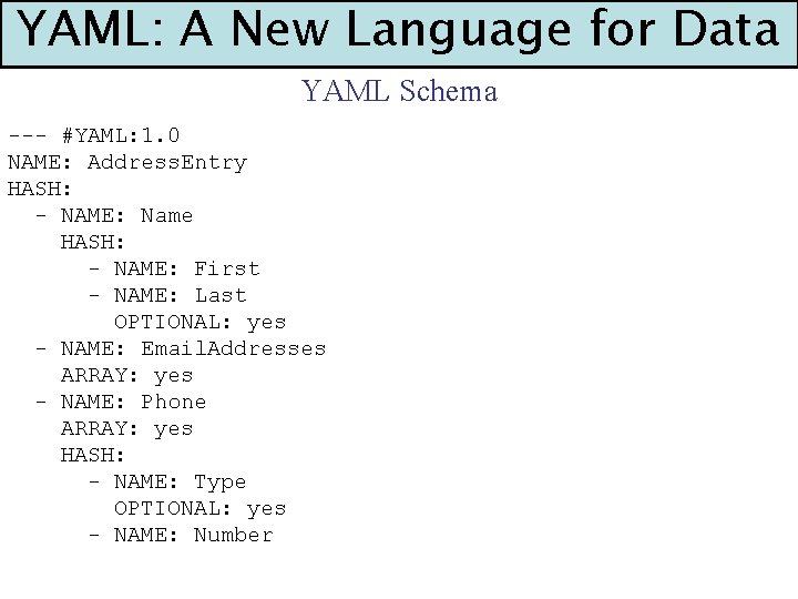 YAML: A New Language for Data YAML Schema --- #YAML: 1. 0 NAME: Address.
