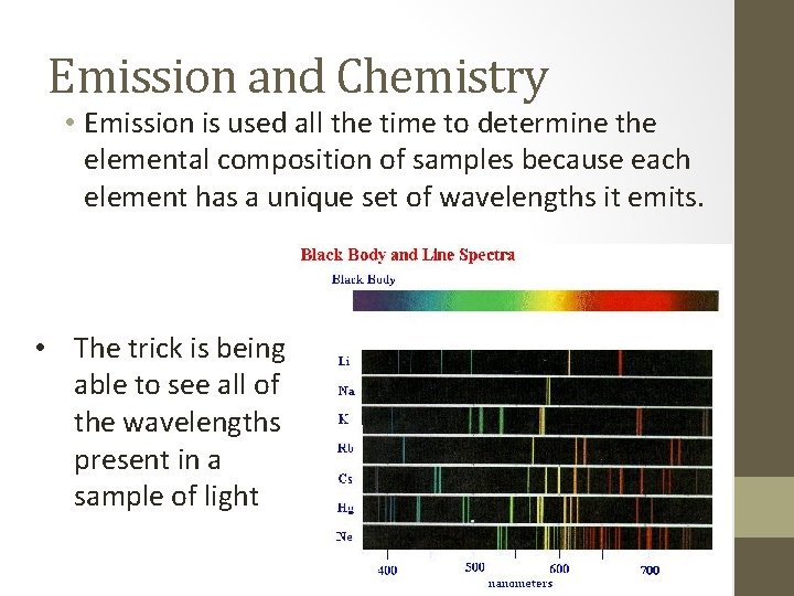 Emission and Chemistry • Emission is used all the time to determine the elemental