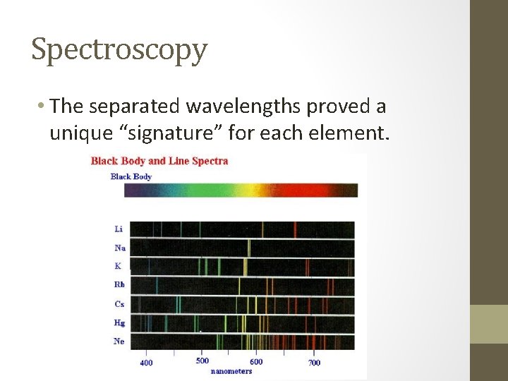 Spectroscopy • The separated wavelengths proved a unique “signature” for each element. 